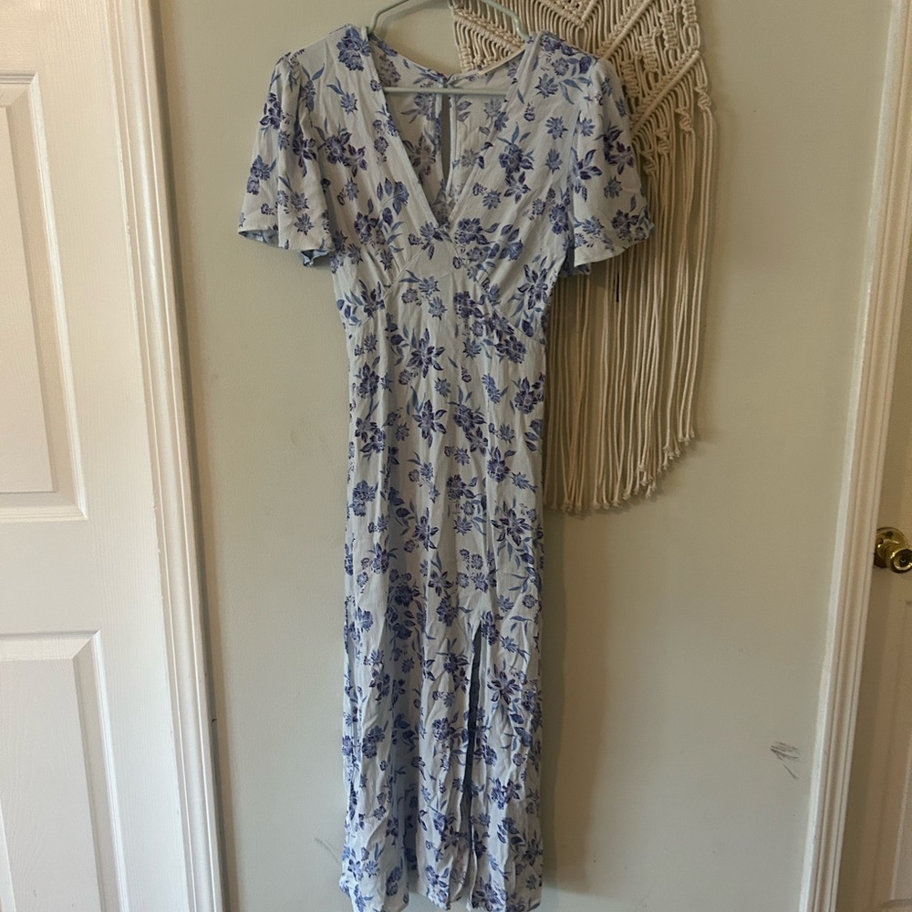 Blue and White Maxi Sundress with Flutter Sleeves